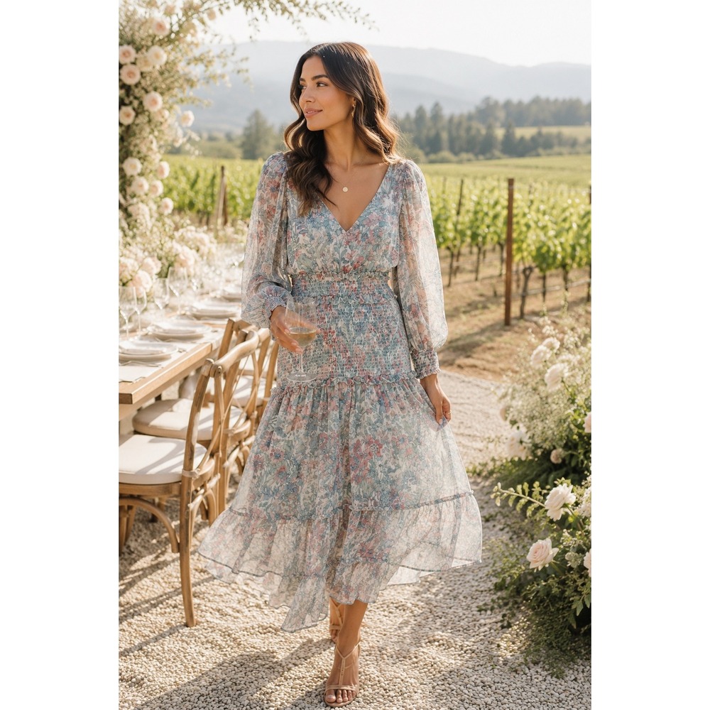 LoveShackFancy Floral Smocked Waist Tiered Midi Dress Sage Green XS